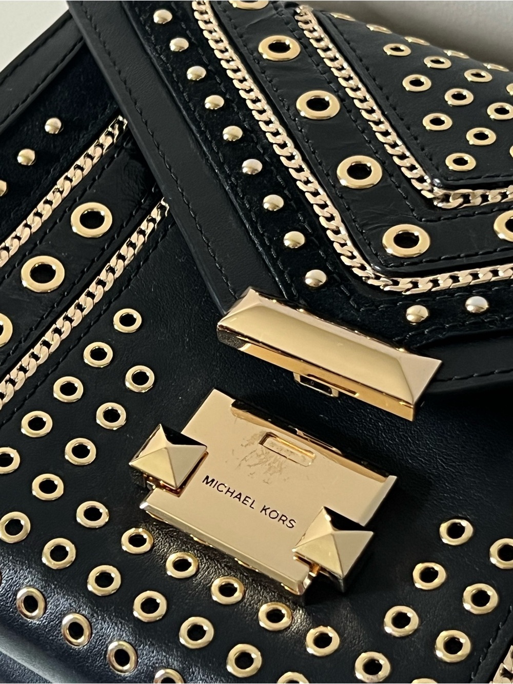 Michael Kors Whitney Black Leather Studded Grommet Chain Shoulder Crossbody Bag - Picture 7 of 14